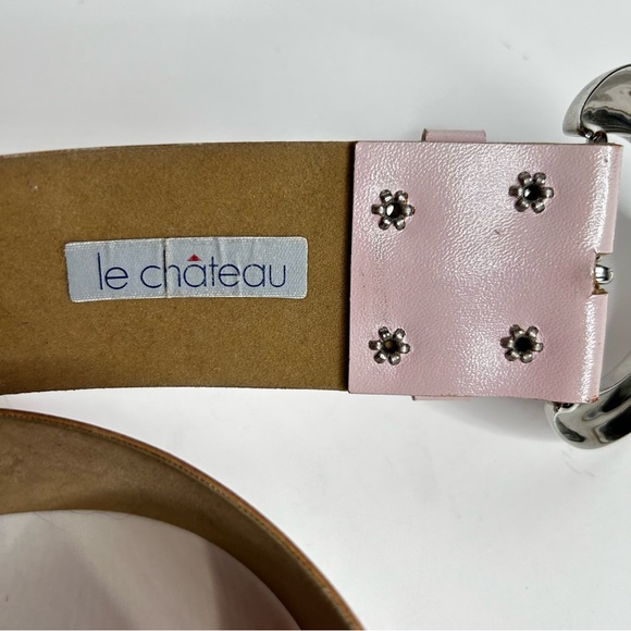 Vintage 90s Le Chateau Baby Pink Vegan Leather Belt Big Silver Buckle Wide S/M - Picture 9 of 15